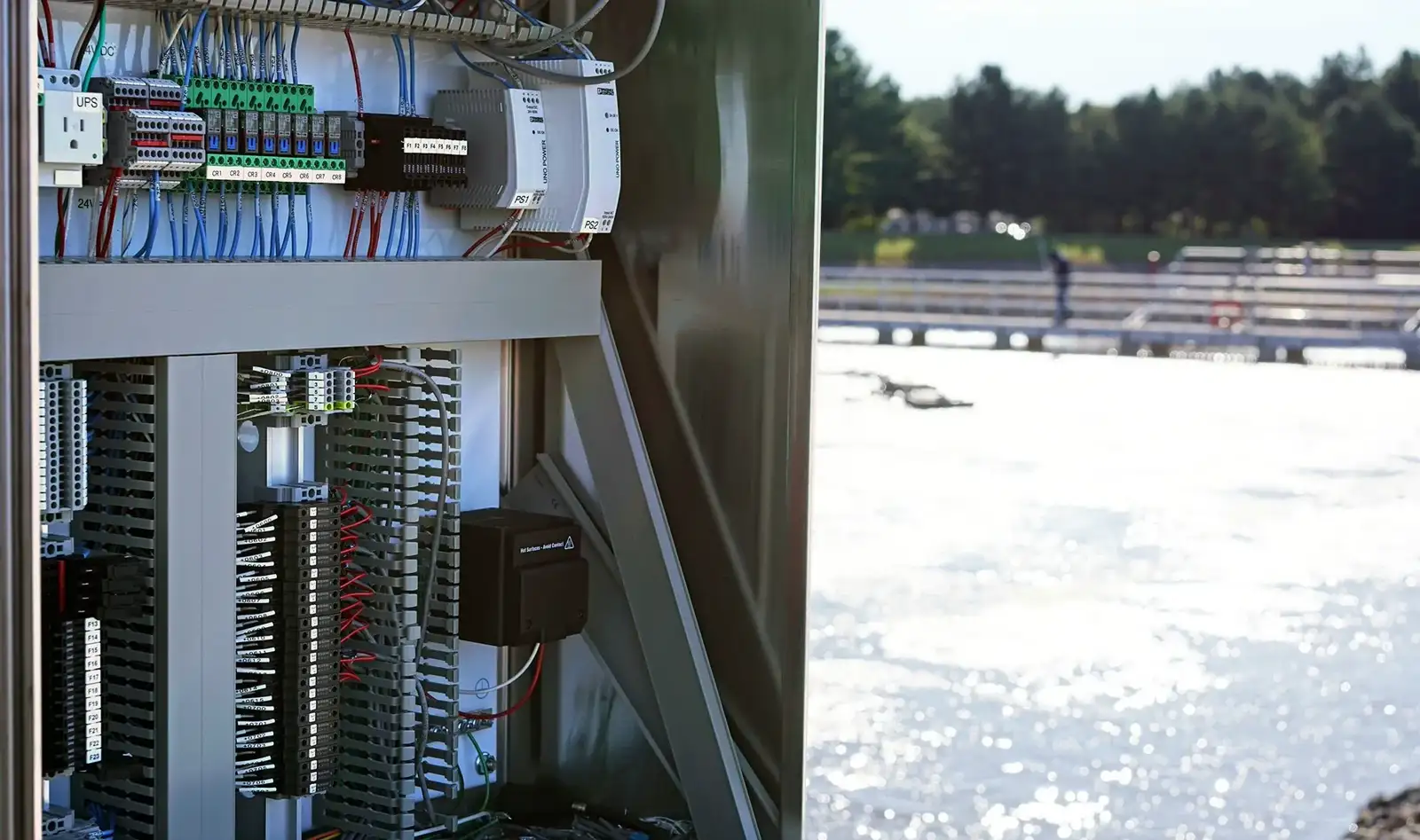 Outdoor control panel with wiring at water treatment facility